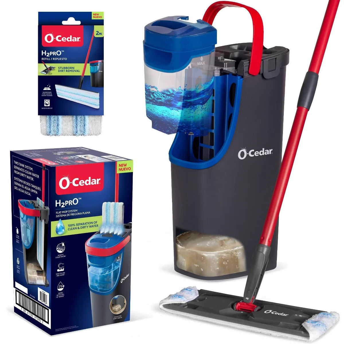 O-Cedar H2prO Mop Head Replacement Refill 2 Pack + H2prO Flat Mop System
